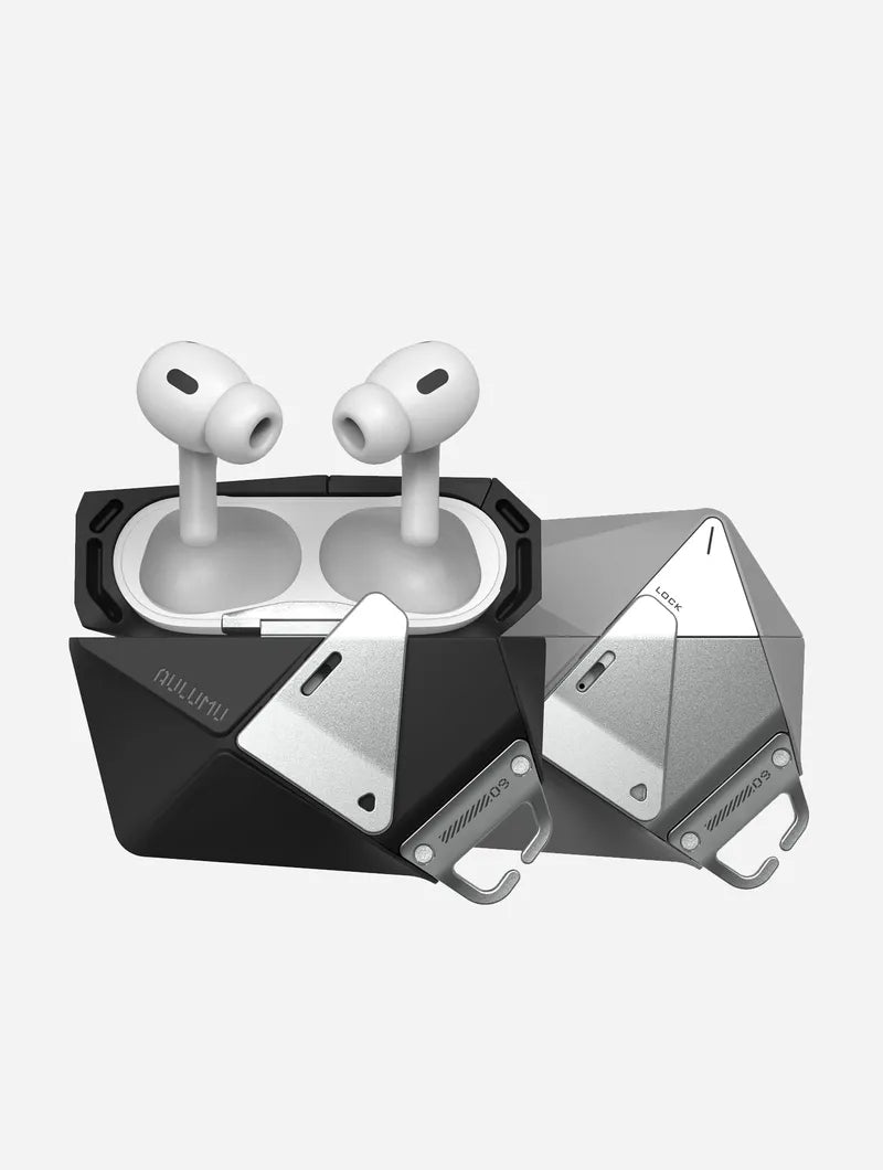 Aulumu A09 Geometric Case for AirPods Pro Series | Lock & Lanyard | Gray